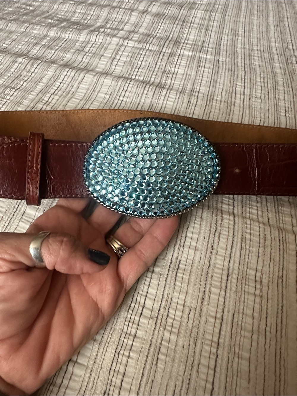 Crystal Oval Turquoise Belt Buckle on Brown Leather Belt